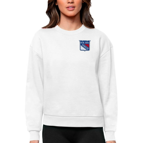 Women's Antigua White New York Rangers Primary Logo Victory Crewneck Pullover Sweatshirt