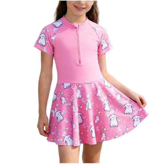 Fesfesfes Girls 1 Piece Swimsuits Hawaiian Skirted Bathing Suit for Kids Girls Casual Summer Swim Dress Short Sleeve Swimwear