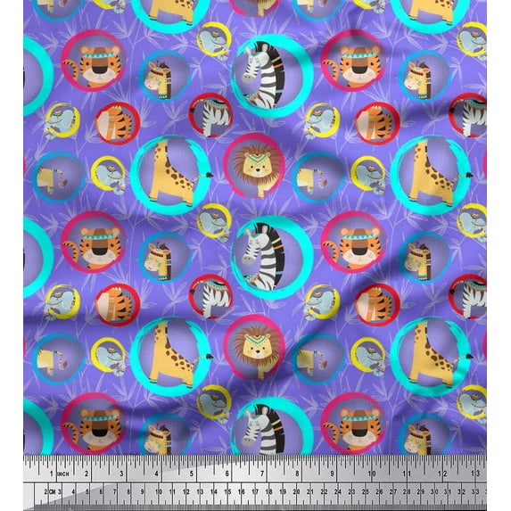 Soimoi Moss Georgette Fabric Leaves,Circle & Cute Animals Cartoon Print Fabric by The Yard 42 Inch Wide