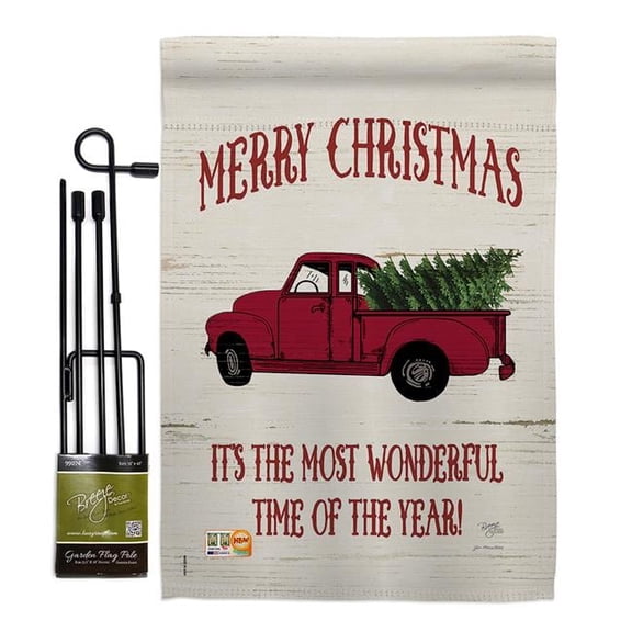 Breeze Decor BD-XM-GS-114170-IP-BO-D-US18-SB 13 x 18.5 in. Merry Christmas Vintage Truck Winter Impressions Decorative Vertical Double Sided Garden Flag Set with Banner Pole