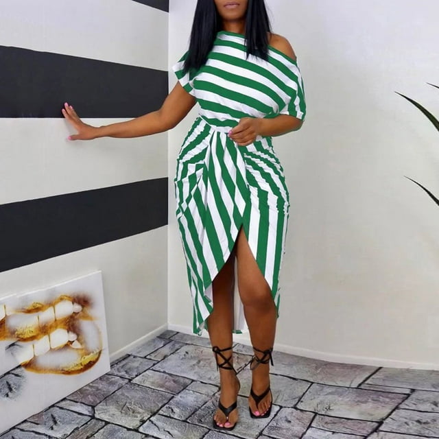 MesaSe Ladies Sexy Slant Collar Off Shoulder Waist Striped Irregular Slit Dress
