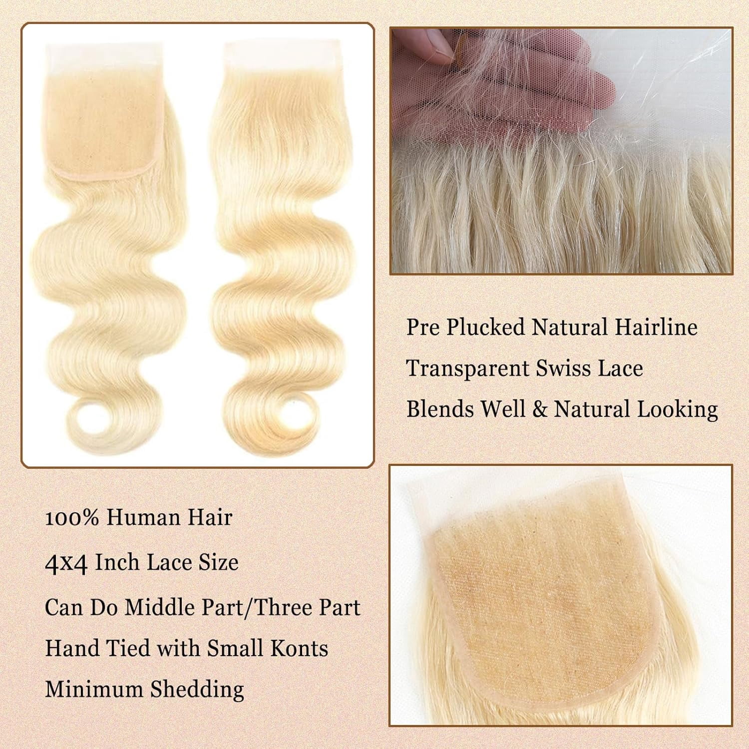 613 Bundles with Closure Human Hair 14 16 18 + 12 inch Blonde Body Wave Human Hair Bundles with Closure 100% Unprocessed Virgin Human Hair Weave Extensions with 4x4 Transparent Lace Closure