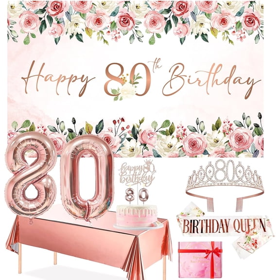 80th Birthday Decorations Party Set for Women, Rose Gold Flower Peony 80th Banner Photography Backdrop,80 & Fabulous Sash and Tiara, 80 Years Old Birthday Party Supplies