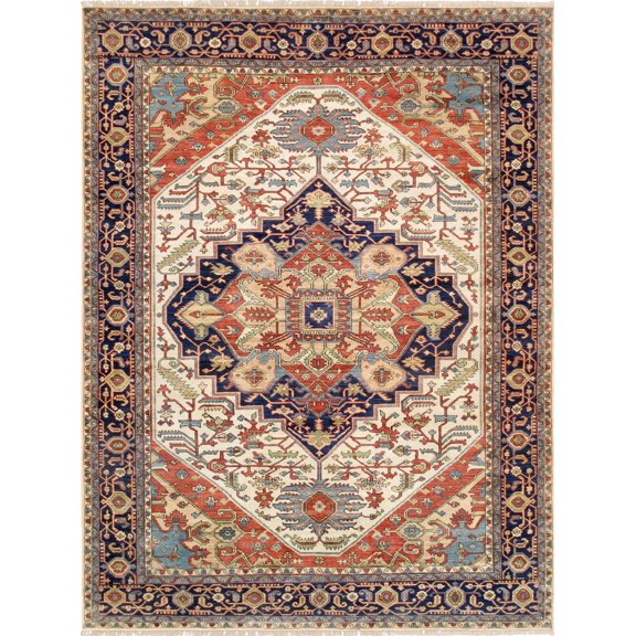 Pasargad Home Serapi 8' x 10' Hand-Knotted Wool Ivory/Navy Rug - All Ages, Indoors