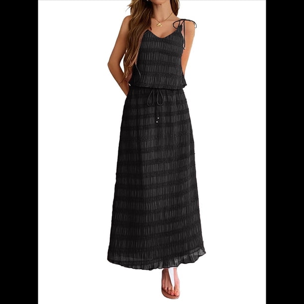 Conjunto de 2 Piezas para Mujer, Estilo Casual, con Falda Larga y Tirantes para Salir A la Playa. Negro S