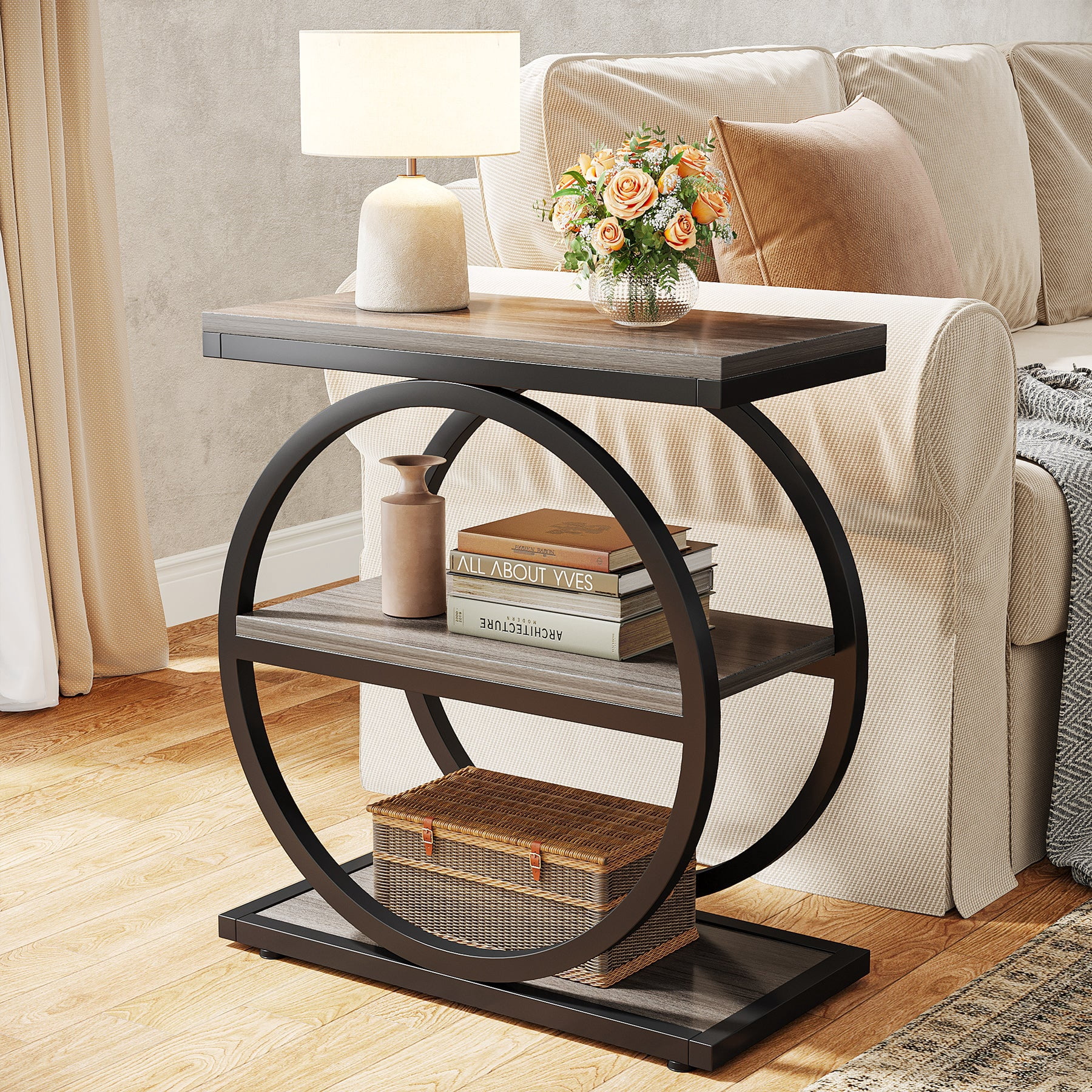 Fnova Side Table with Circular Metal Frame, End Table with 3-Tier Shelves for Living Room, Gray