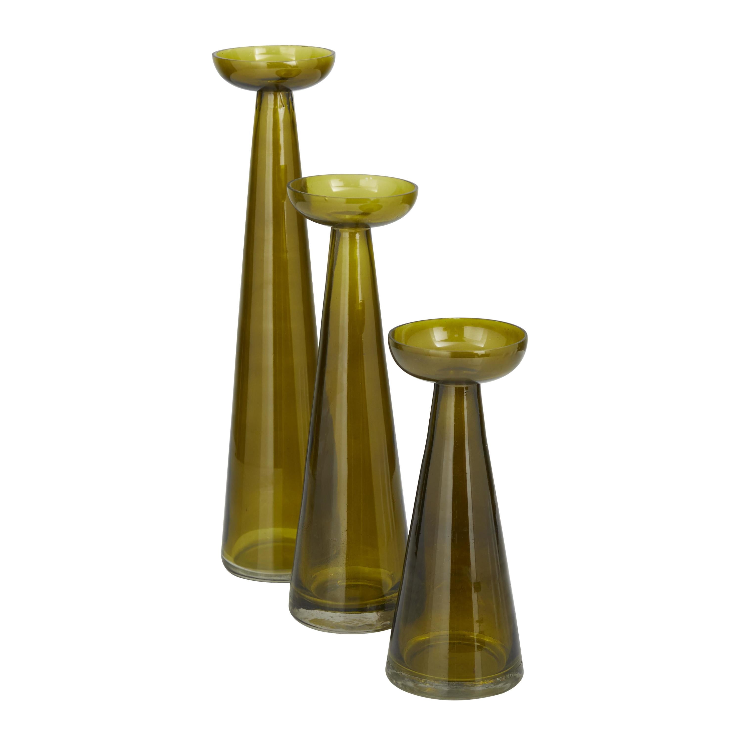 DecMode 3 Candle Green Glass Pillar Candle Holder, Set of 3