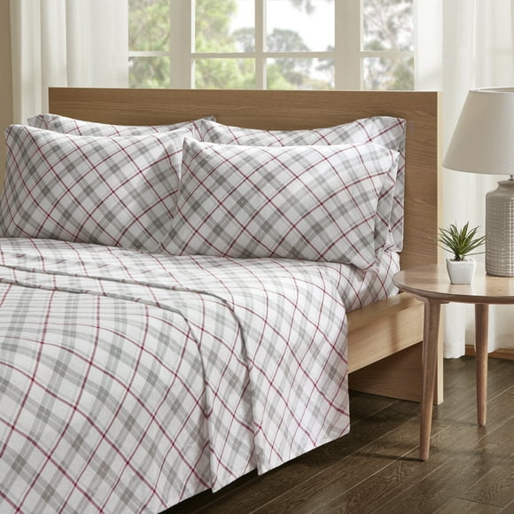 Comfort Spaces Cotton Flannel Breathable Warm Deep Pocket Sheets With Pillow Case Bedding, Full, Plaid Grey/Red