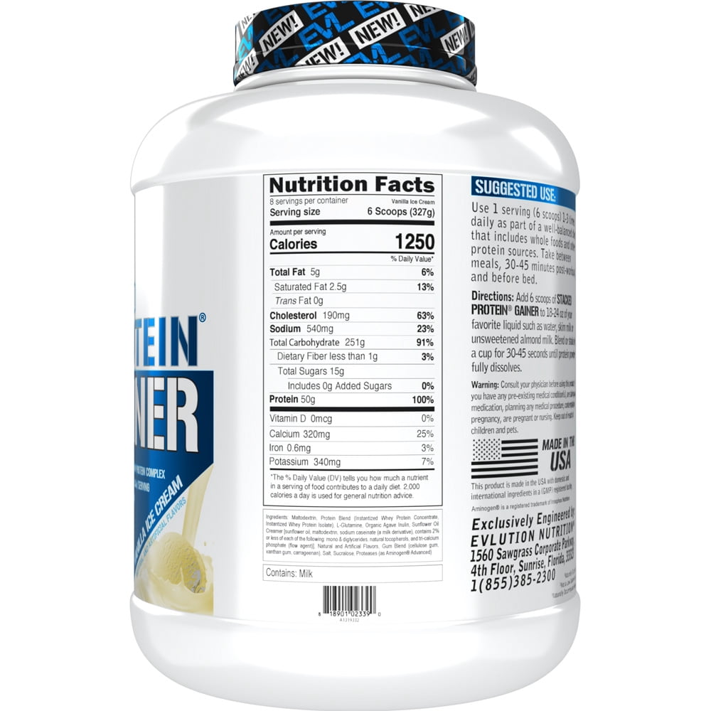 Evlution Nutrition Stacked Protein Gainer, 50 Grams Whey Protein Powder Complex, 250 Grams Carbohydrates, Build Muscle, Recovery, Post Workout, Gluten-Free - 6 lb