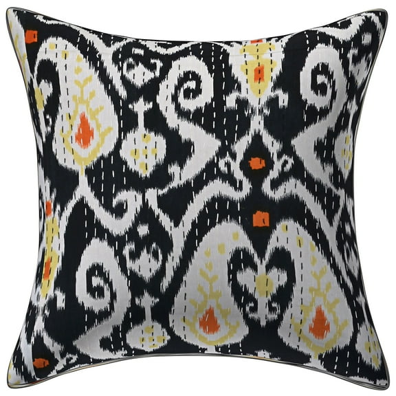 Stylo Culture Ethnic Sofa Throw Pillow Cover 16x16 Kantha Black Printed 40 x 40 cm Bedroom Decor Pillowcase Cotton Ikat Square Cushion Cover | 1 Pc