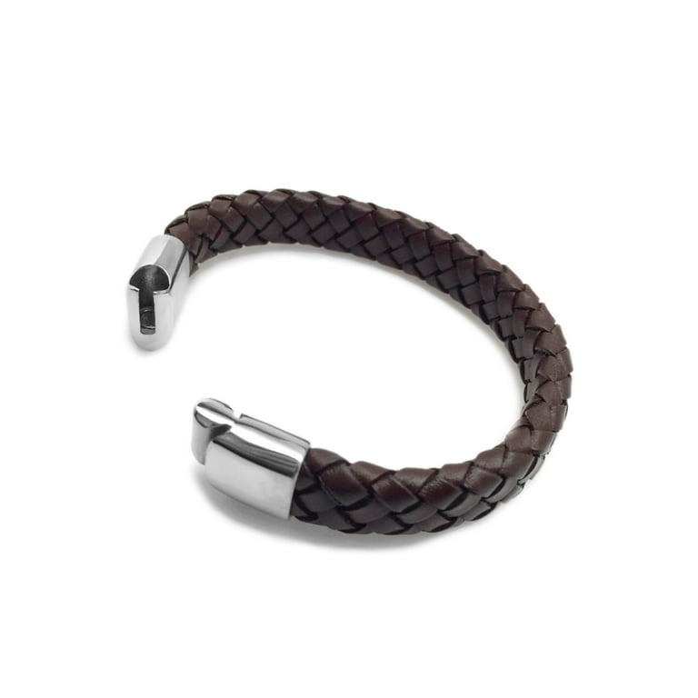 Unisex Dark Brown Silver Magnetic Clasp Leather Bracelet 6.5 / Southwest