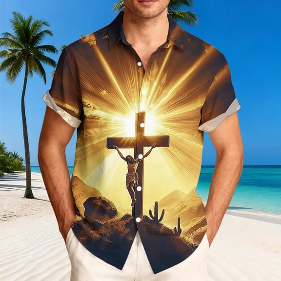 Hesxuno Easter Shirts for Men Cross Print Short Sleeve Casual Button Down Shirt Funky Hawaiian Shirts Summer Beach Vacation Tops Yellow S
