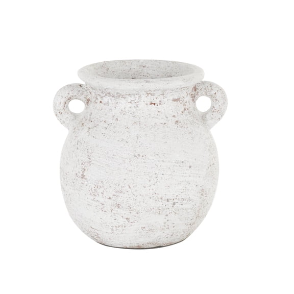 DecMode 10" Antique Style Textured Pot Cream Ceramic Vase with Handles