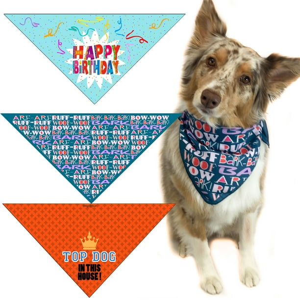 Set of 3 Dog Bandanas "Happy Birthday", "Bark Bark Woof