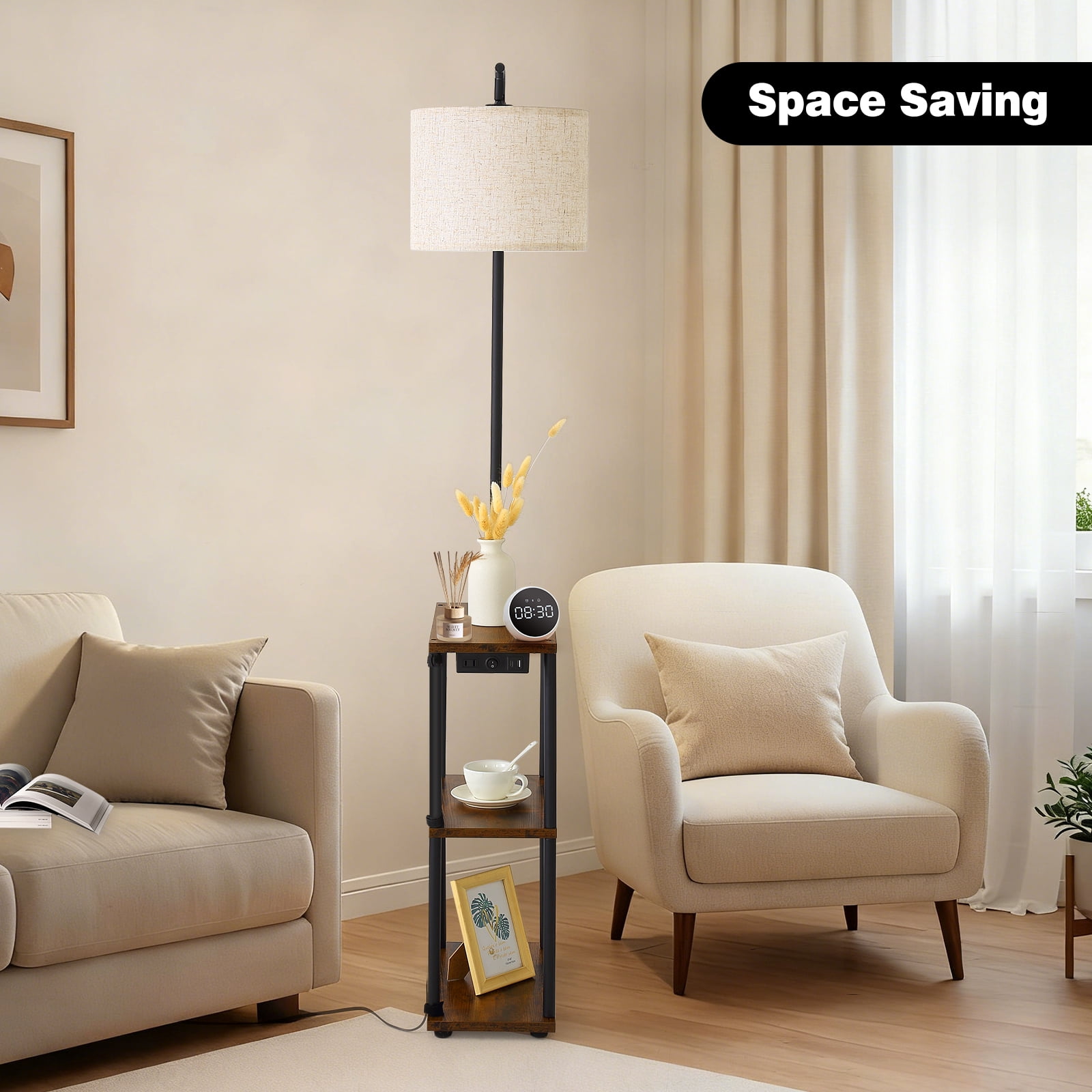JOPESO Floor Lamp with Table, End Table for Living Room with Lamp & Charging Station(USB & Type-C & AC Port), 3 Color Temperatures LED Bulb