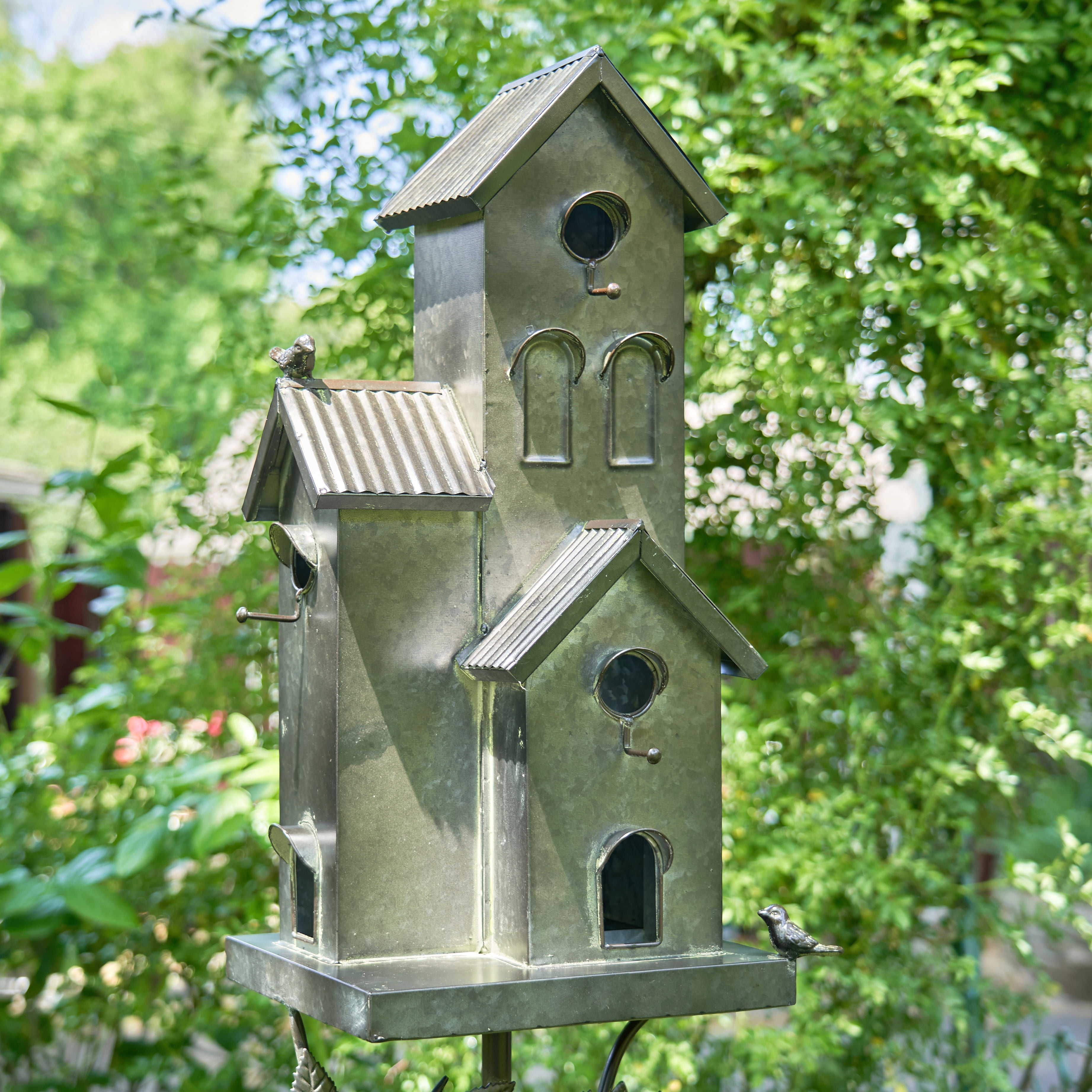 Room for 4 Bird Families in Each Zaer Ltd Cube Homes with Pyramid Roofs Large Copper Colored Multi-Birdhouse Stakes