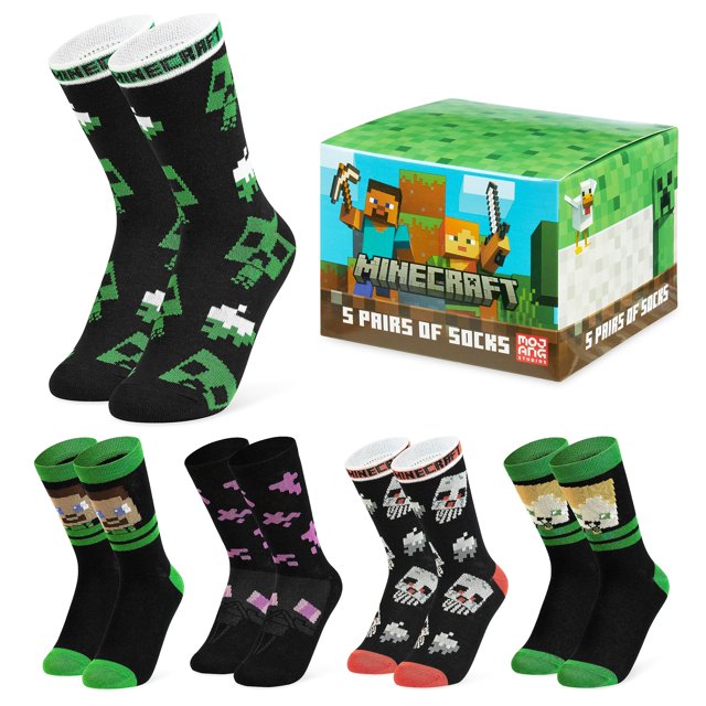 Minecraft Boys Crew Socks - Calcetines juveniles suaves y transpirables, paquete de 3 o 5 - Regalos para jugadores (Negro/Multi 7-10 años)