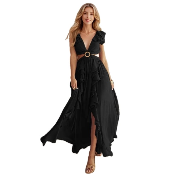 Women's Cutout Ruffled Cap Sleeve Maxi Dress for Summer Party Occasion with 60% Polyester 40% Nylon Sleek Look