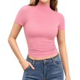 thumbnail image 2 of Women's Plus Size Solid Color Mock Neck Short Sleeve Slim Fit T Shirt, Breathable Stretchy Basic Tee for Summer Daily Layering, Soft and Comfortable Base Top Pink XXXXXL, 2 of 6
