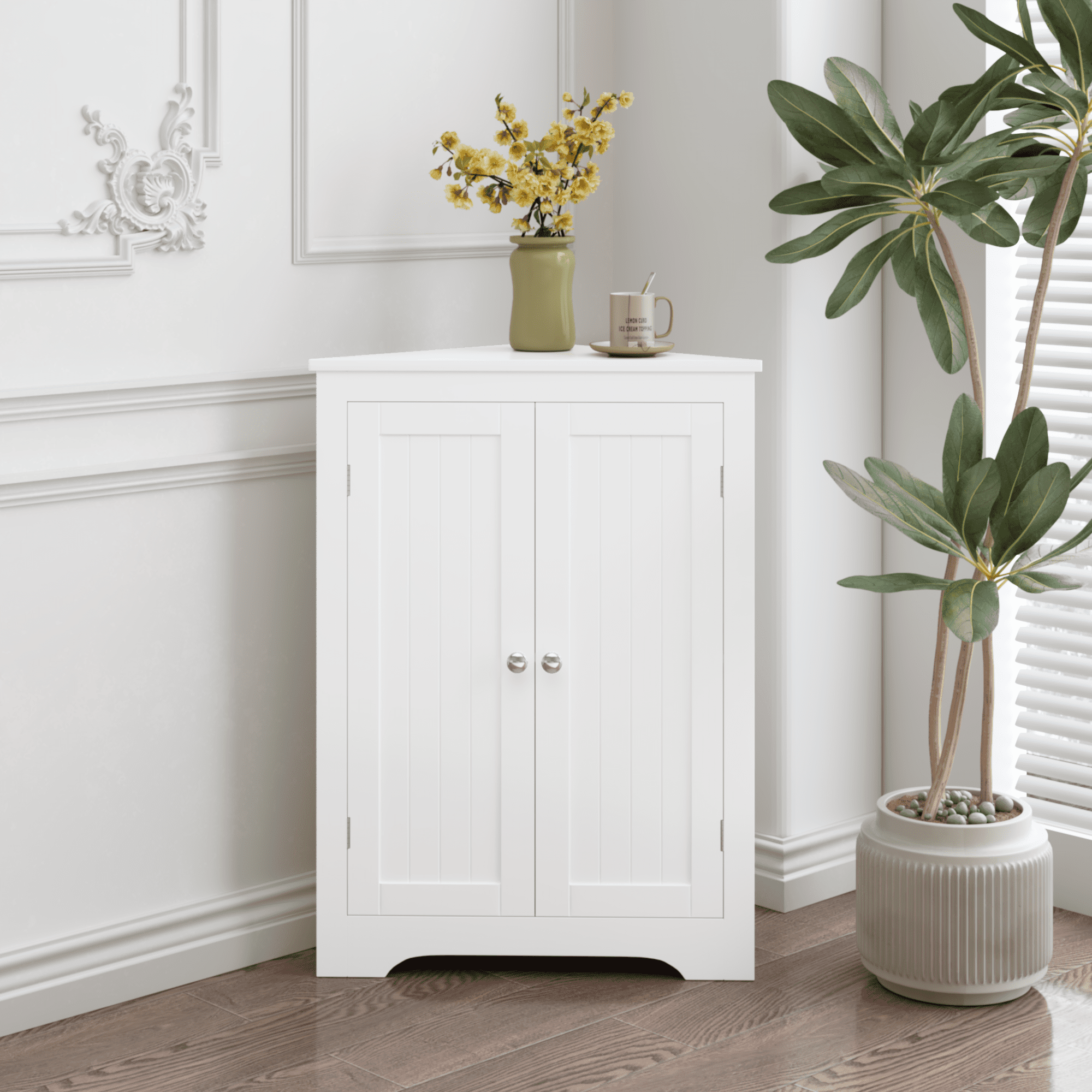Euroco White Corner Storage Cabinet with Doors and Adjustable Shelf, Freestanding Floor Cabinet for Bathroom, Living Room, or Entryway
