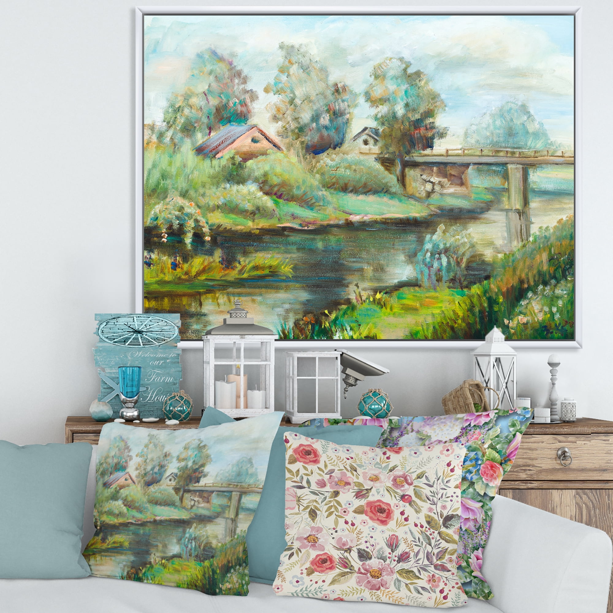 Designart 'Rustic Landscape With Bridge On The River' Lake House Framed Canvas Wall Art Print
