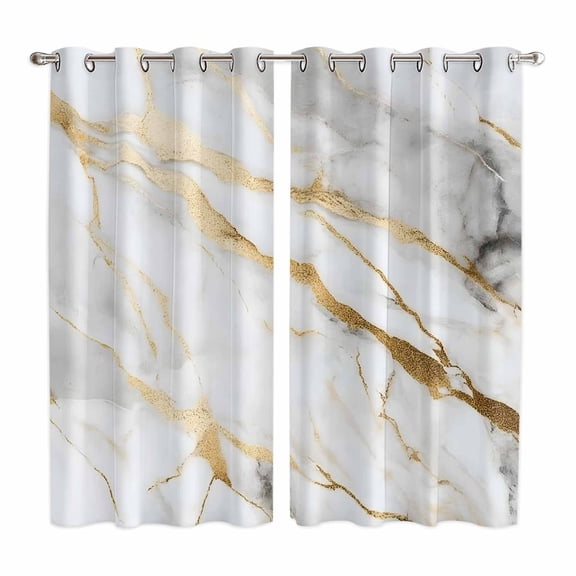 Marble White Gold Kitchen Curtains 63 Inch Length, Abstract Simple Marble Geometric Grommet Top Bedroom Living Room Curtains, Light Filtering Cafe Curtain Drapes 2 Panels Set 84''x63''