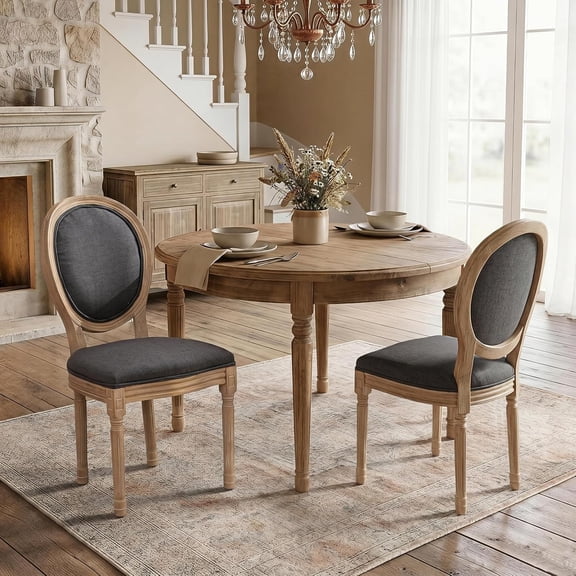 Linen French Dining Chairs Set of 2, Vantage Dining Chair with Round Back, Wood Leg Farmhouse Country Dining Chair for Living Room,Kitchen,Bedroom,Deep Grey