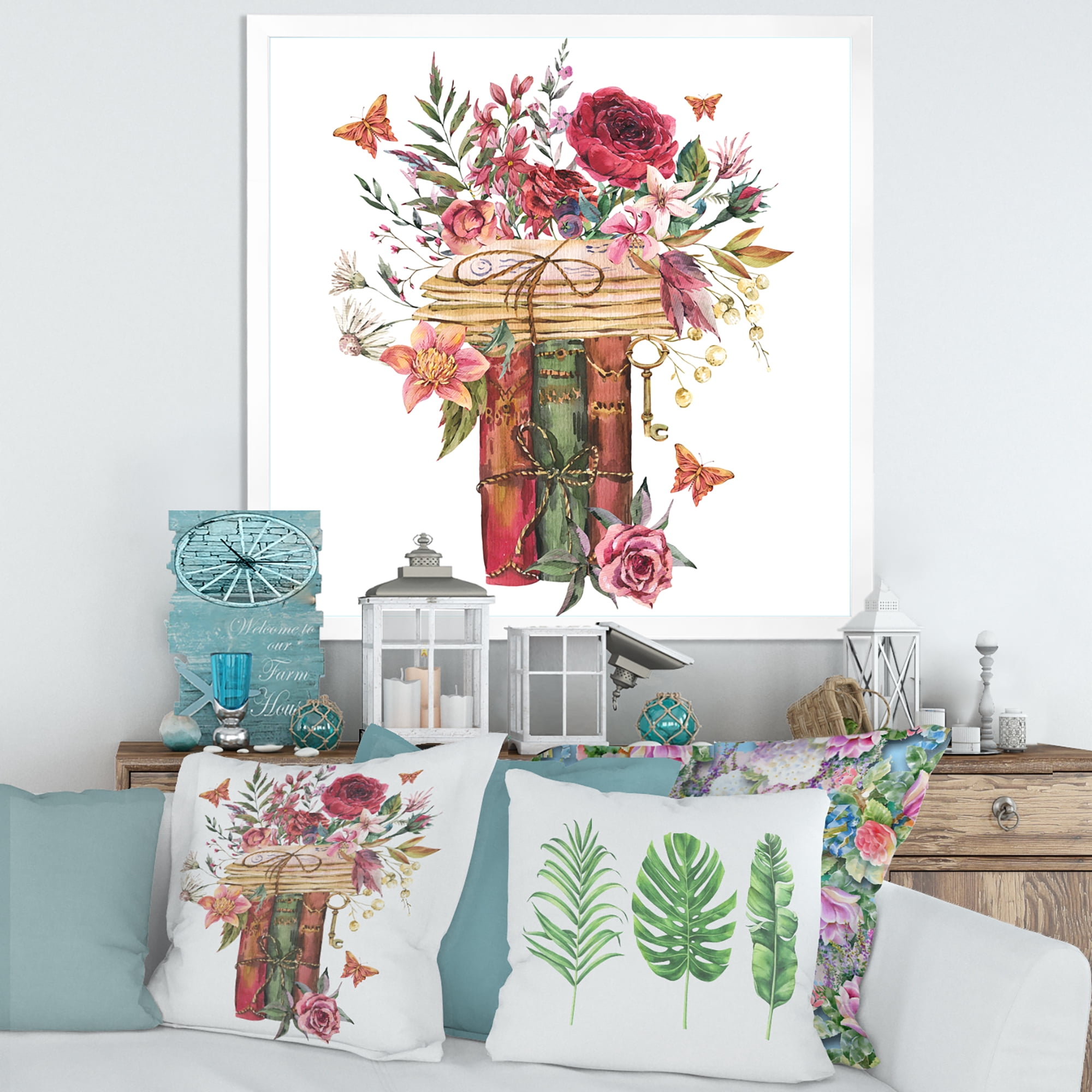 Designart 'Wildflowers With Vintage Old Books' Farmhouse Framed Art Print