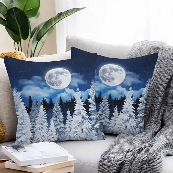 Throw Pillow Covers 20x20 Inch Set of 2, Moonlight Landscapes Waterproof Outdoor Pillow Covers, Winter Christmas Trees Forest Decorative Cushion Pillowcases for Couch, Sofa, Bed, Garden, Patio
