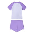 thumbnail image 5 of IVEYRTF Kids Solid Color Short Sleeve Two Piece Swimsuit Set Half Zip Top with Square Leg Bottoms Summer Outdoor Pool Parties Water Activities Sporty Comfort Outfit(Purple,11-12 Years), 5 of 5