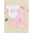 thumbnail image 2 of Bagilaanoe 3pcs Newborn Baby Girl Pants Set Letter Embroidery Short Sleeve Romper Tops + Checkerboard Flare Trousers + Headband 3M 6M 12M 18M Infant Casual Clothes, 2 of 8