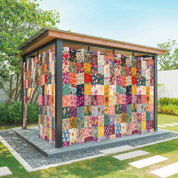 Vintage Flowers Outdoor Curtains for Patio Waterproof, Blooming Flowers Irregular Arrangement Grommet Curtains for Porch Outside Privacy Drape for Gazebo Garden Pergola, 2 Panels, 54x108in