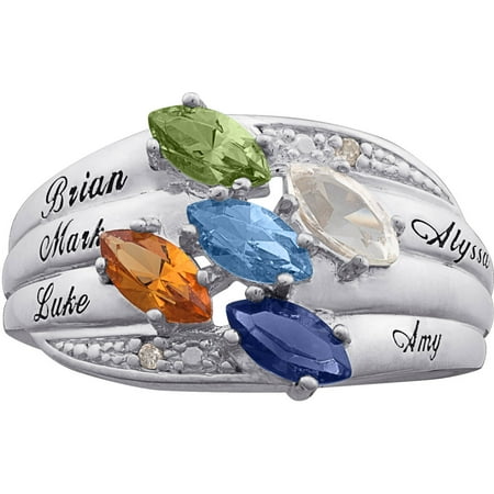 Personalized Sterling Silver Marquise Birthstone Family Ring with Accent Diamonds