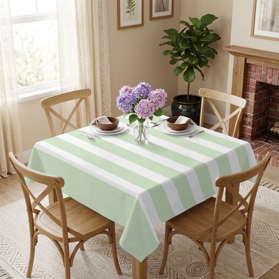 Farmhouse Sage Green Stripes Square Tablecloth 60x60 Inch Rustic White Parallel Lines Waterproof Polyester Table Cover, Washable Stain Resistant Tablecloth for Dining Table Kitchen Wedding