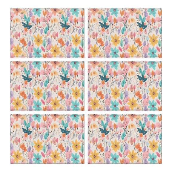 Pioneer Flower Floral Print Pattern Summer Placemats Table Placemats Set Of 6-Linen Kitchen Washable Placemats Table Mats 12x18 Inch Non-Slip Heat Resistant