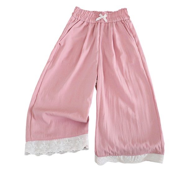 Mnyotv Girls Lace Hem Wide Leg Pants Ruffle Elastic Waisted Trousers Summer Clothes Casual Breathable Pants Size 3-4Y