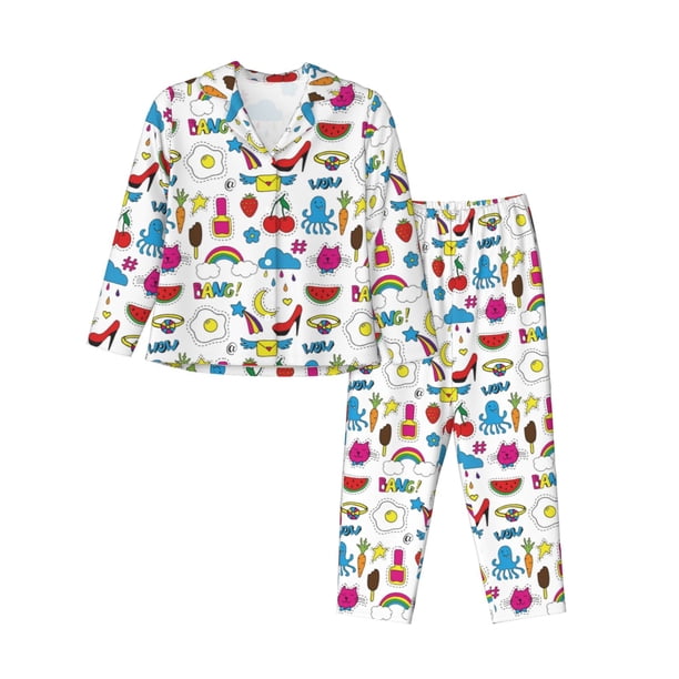Balery Summer Conjunto de Pijama con Estampado para Mujer, Conjunto de Dos Piezas con Manga Larga, Ropa de Dormir Suave con Bolsillos, Pijamas Cómodos-Large
