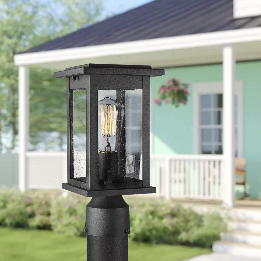 Emliviar Outdoor Post Light Fixtures, 12" Pillar Light in Black Finish with Seeded Glass, E26 Base, 1803EW1-P