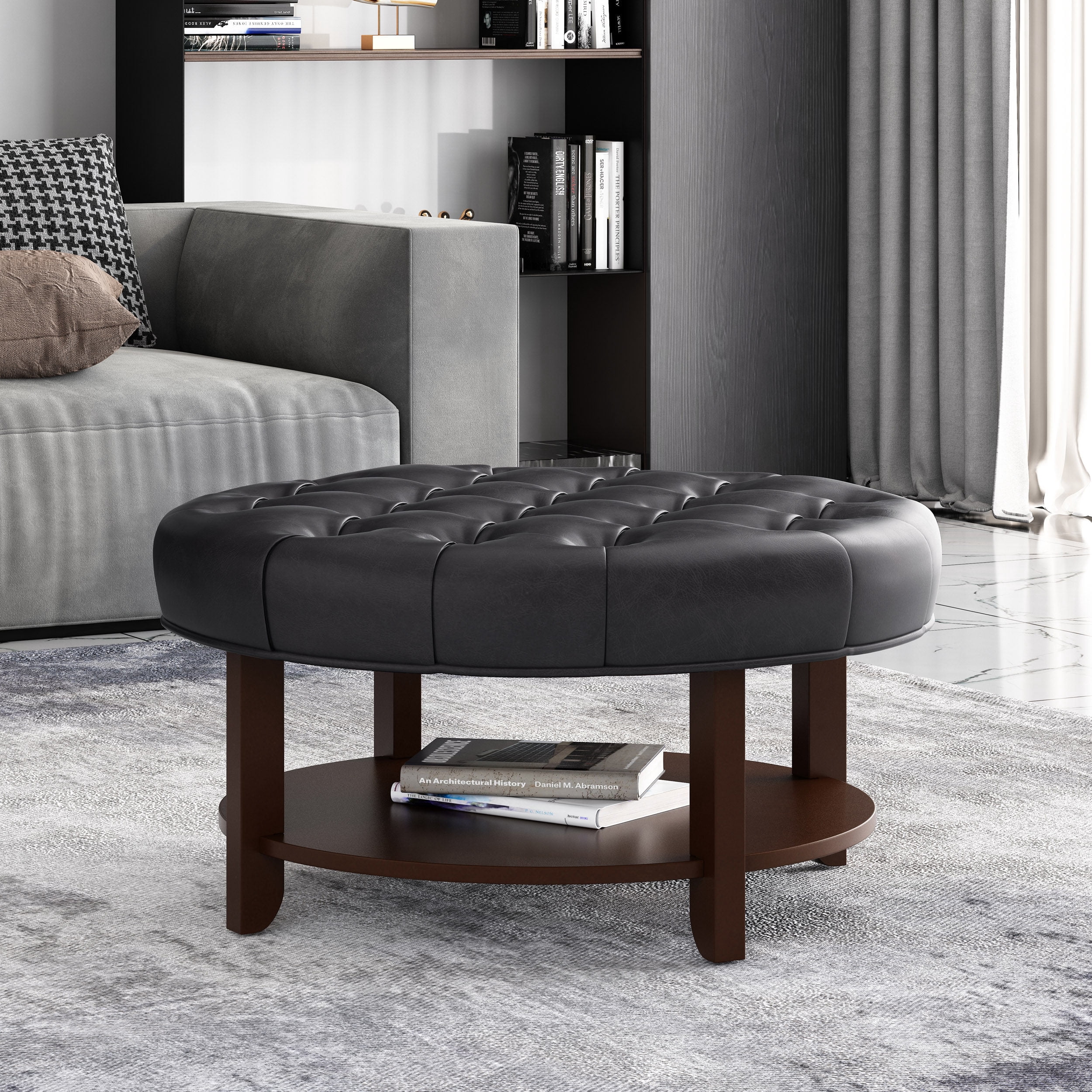 Noble House Aldrich Faux Leather and Wood Tufted Round Ottoman with Open Shelf, Midnight Black and Espresso