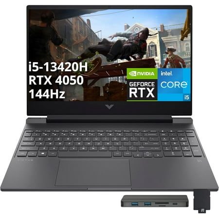 HP Victus 15.6" 144Hz FHD Gaming Laptop, Intel i5-13420H, 16GB RAM, 1TB PCIe SSD, NVIDIA GeForce RTX 4050, Backlit Keyboard, Windows 11 Home, Mica Silver, 1TB Docking Station Set