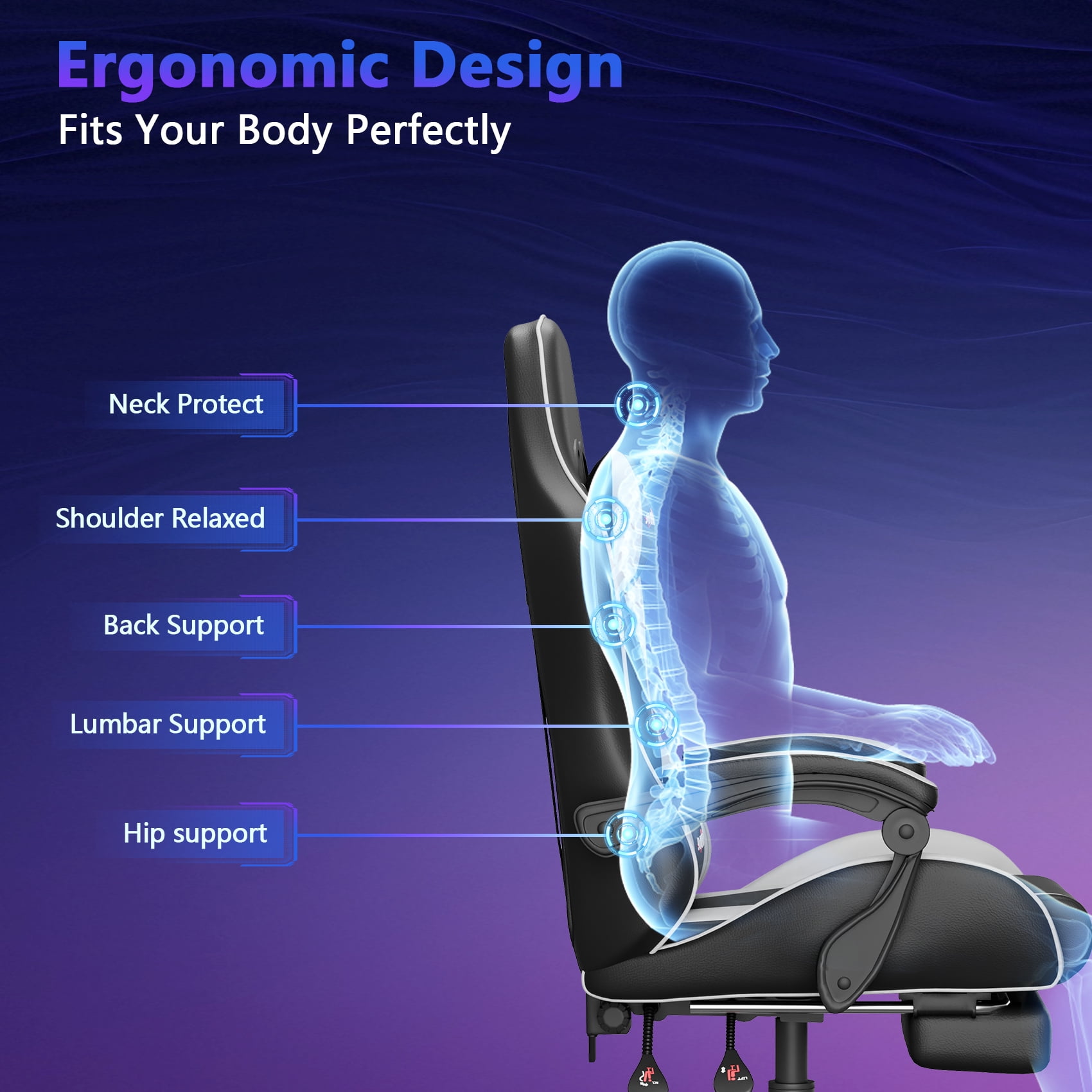 Mr IRONSTONE Ergonomic Gaming Chair with Massage Lumbar Support and Footrest, Heavy Duty 400lbs Computer Chair for Adults, Black/White