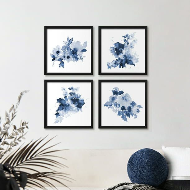 ArtbyHannah 10x10 Framed Blue Bathroom Floral Wall Art Set of 4 with ...