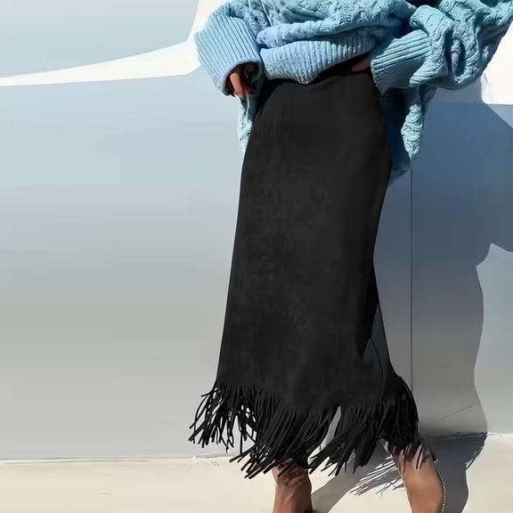 Roncen Midi Skirt for Women Fringe Brown High Waist Elegant Swing Casual Maxi A line Spring Fall Skirts for Women