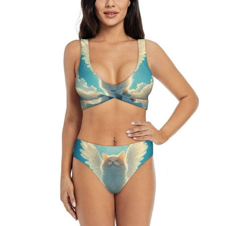 Zeuib Sunshine Cute Winged Cat High Waisted Tummy Control Bikini Set - Knot Front Push Up Top & Cheeky Thong Bottom  Two-Piece Swimsuit for Women-Medium