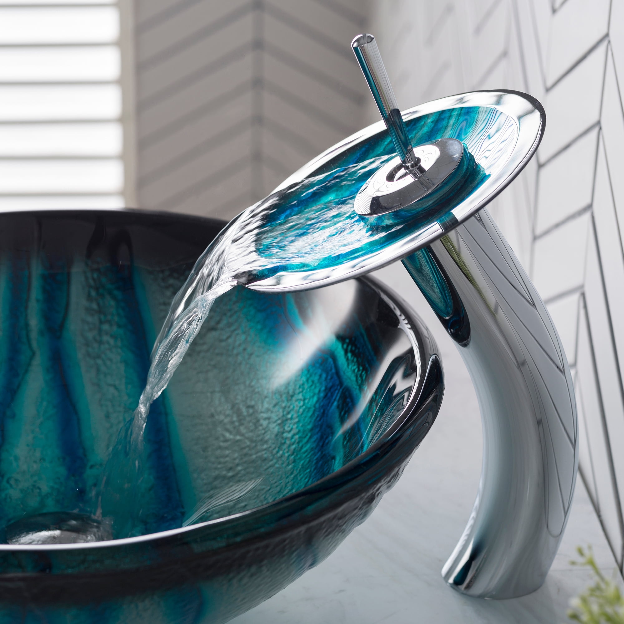 KRAUS Nature Series Blue Glass Bathroom Vessel Sink and Waterfall Faucet Combo Set with Matching Disk and Pop-Up Drain, Chrome Finish