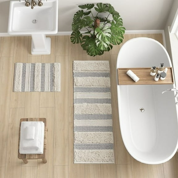 Woven Texture Stripe Bath Rug Natural 22x58"