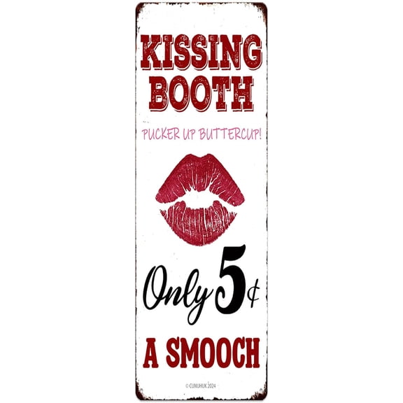 Kissing Booth Metal Signs Valentine's Day Wall Art Decoration Home Farmhouse Bar Kitchen Living Room Coffee Corner White Day Decor Lip Print Retro Hanging Plaque Romantic Gift 4"x16"