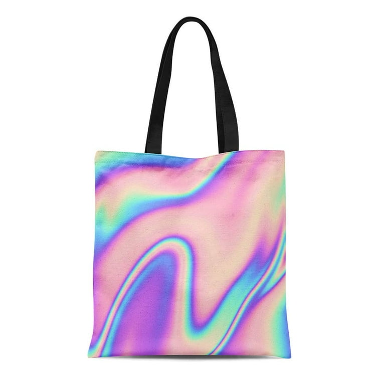 Canvas Tote Bag Abstract Holographic 80s 90s Colorful in Pastel Neon Color Durable Reusable Shopping Shoulder Grocery Bag