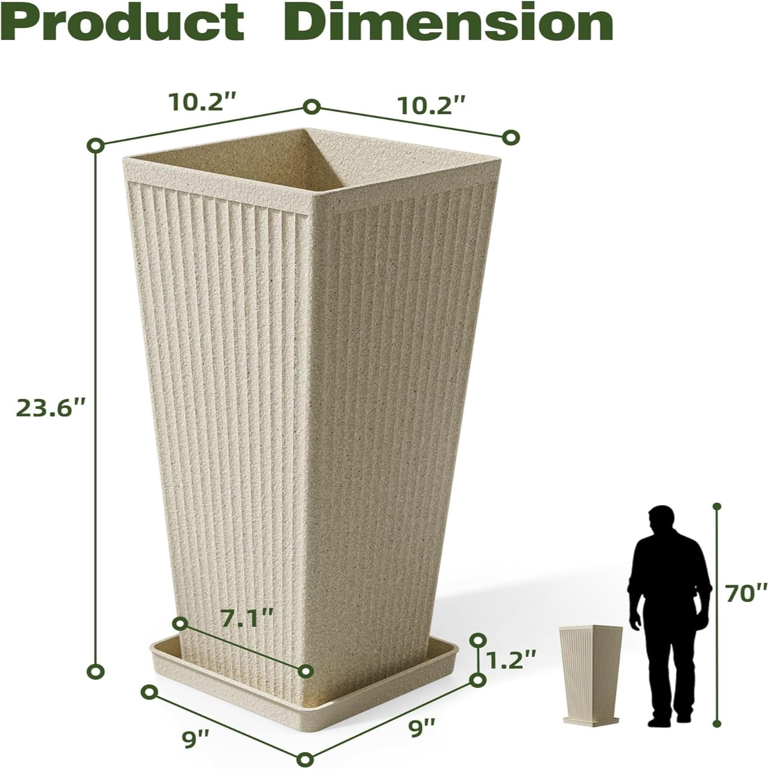 TOPCOMFY Tall Planters for Outdoor Plants Set of 2, 23.6" Modern Tapered Indoor Flower Pots with Drainage Holes/Partition/Tray for Porch Patio Garden, Beige