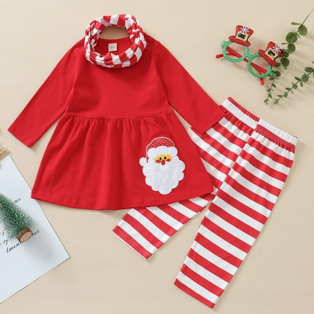 

FZM Christmas Girls Long Sleeve Christmas Cartoon Sants Tops Printed Pants Neckerchief Outfits Sets